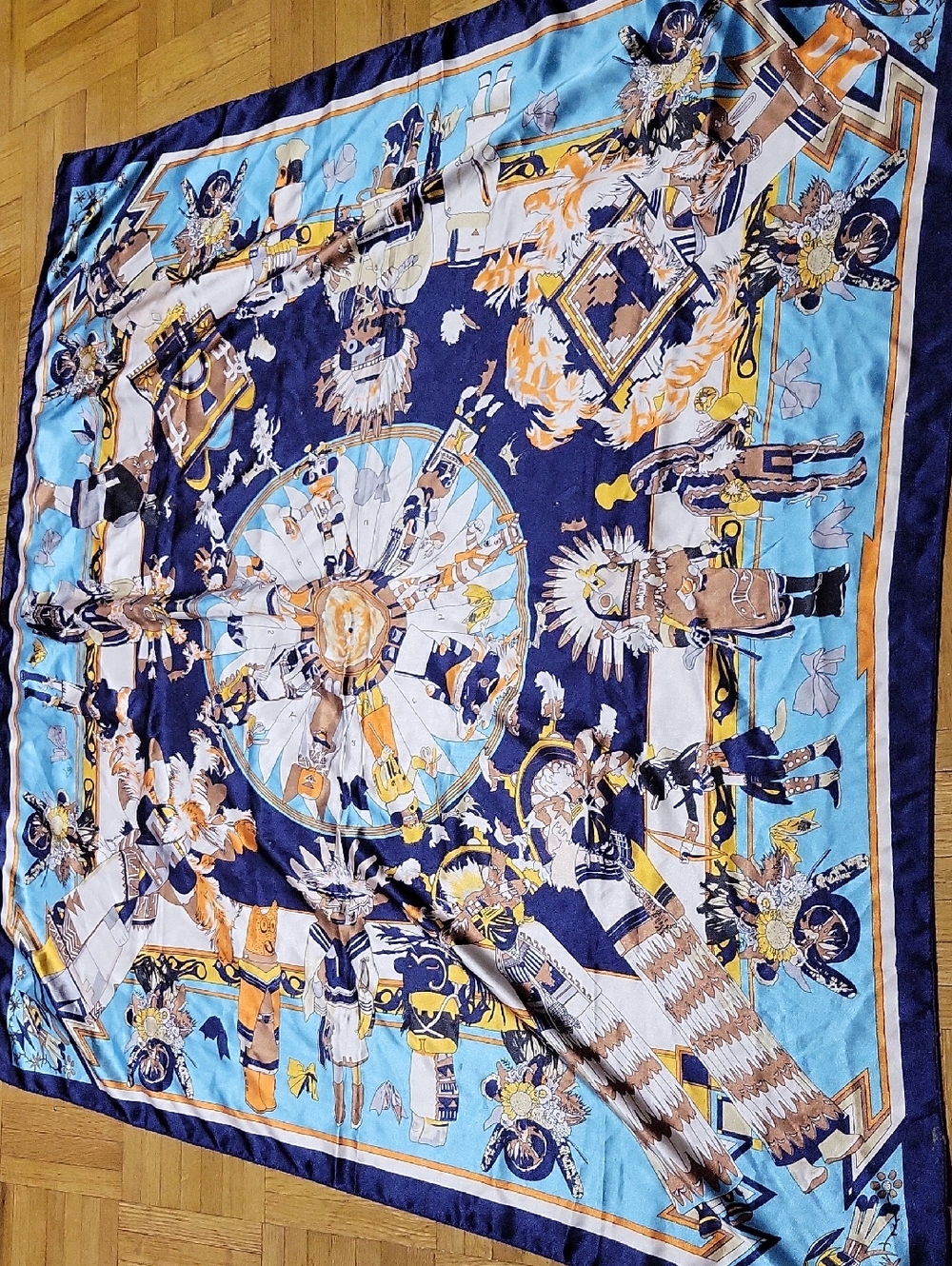 Blue and Tan Illustrated Square Scarf